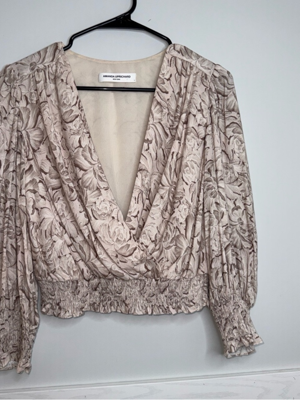 Amanda Uprichard Taupe Floral V-Neck Smocked Waist Blouse